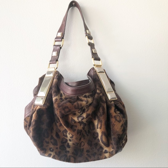 B. Makowsky Brown Leather/Leopard Material Hobo Bag - Picture 2 of 9